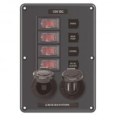 Blue Sea IP66 CB Switch Panel 4 Position, 12V Socket & Dual USB Grey